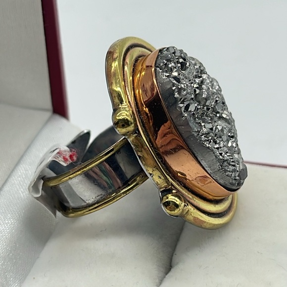 Silver Druzy Copper & Gold Adjustable Ring - Picture 2 of 3